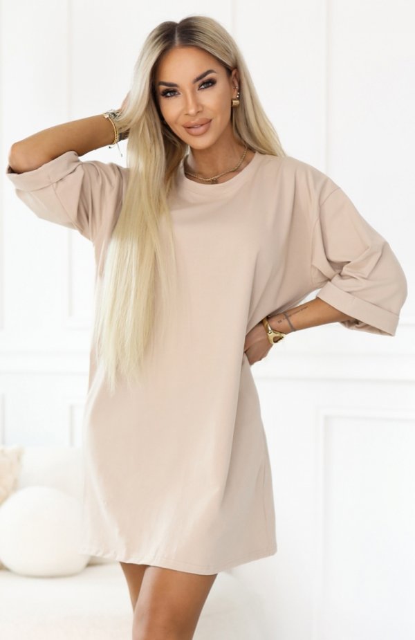 Numoco 666-1 bawełniana luźna sukienka oversize z krótkim rękawem 