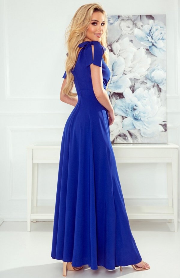 Numoco 405-2 ELENA długa suknia z dekoltem i wiązaniami na ramionach tył
