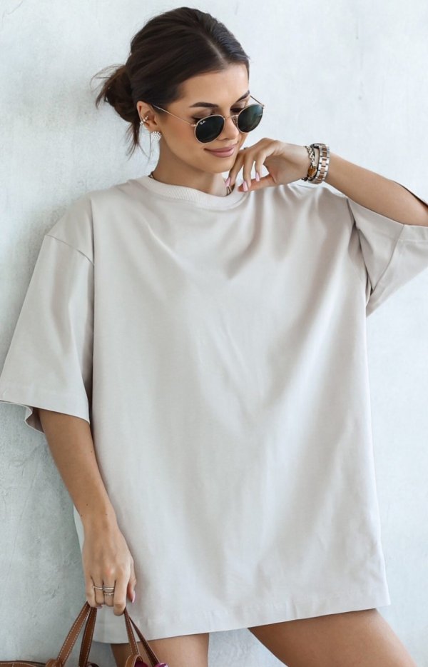 Oversizowy t-shirt damski długi cytryna beżowy-1