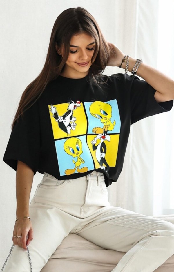 T-shirt damski Tweety kwadraty czarny-1