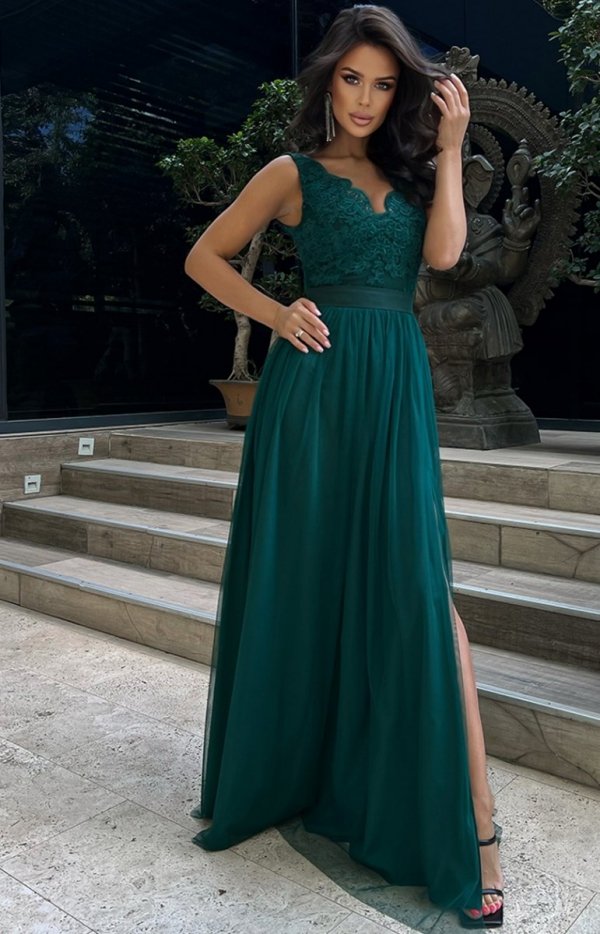 Bicotone zielona wieczorowa sukienka z koronką 265-13-4