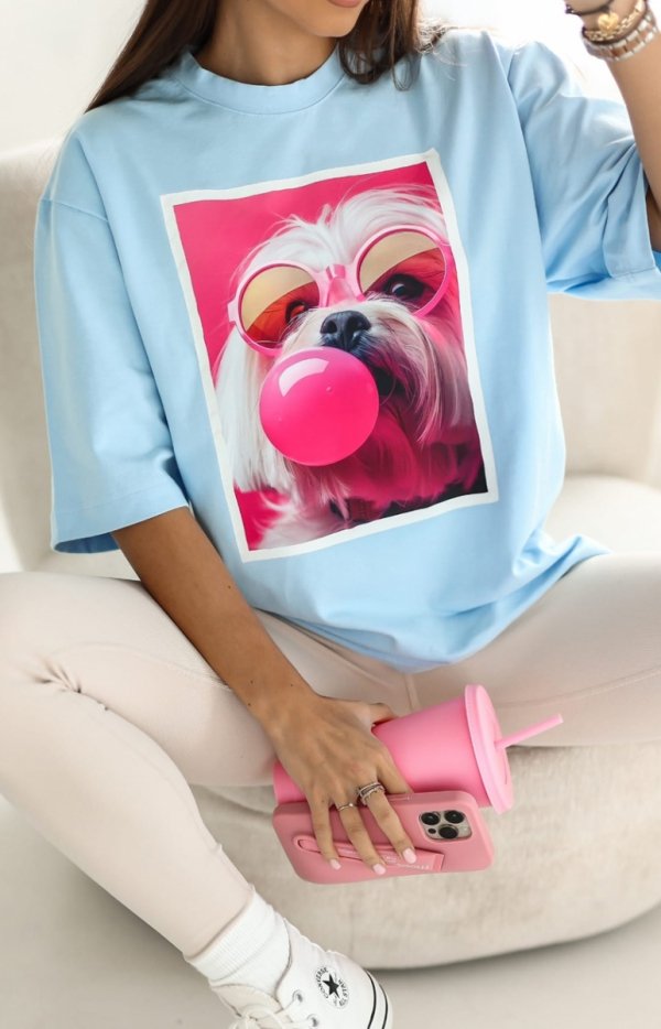 Oversizowy t-shirt Maltańczyk okulary błękitny-1