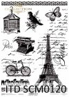Papier scrapbooking Vintage, Wieża Eiffla, rower, stare pismo, ptak, motyl*Vintage scrapbooking paper, Eiffel tower, bicycle, old letter, bird, butterfly