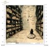 biblioteka, regały książek, kolaż z cytatami, mroczne akcenty, książki, inspiracja baśnią, stylizowana grafika, dziewczynka na podłodze, wiszące klucze*library, bookshelves, collage with quotes, dark accents, books, fairy tale inspiration, stylized artwor