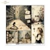 Alicja w bibliotece, książki, napisy, klatka z ptaszkiem, klucz w słoiku, kwiaty*Alice in the library, books, inscriptions, birdcage, key in a jar, flowers