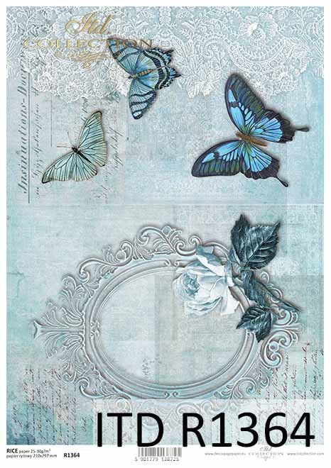 Papier decoupage stara ramka, motyle, Róża, Vintage*Decoupage paper with old frame, butterflies, rose, vintage
