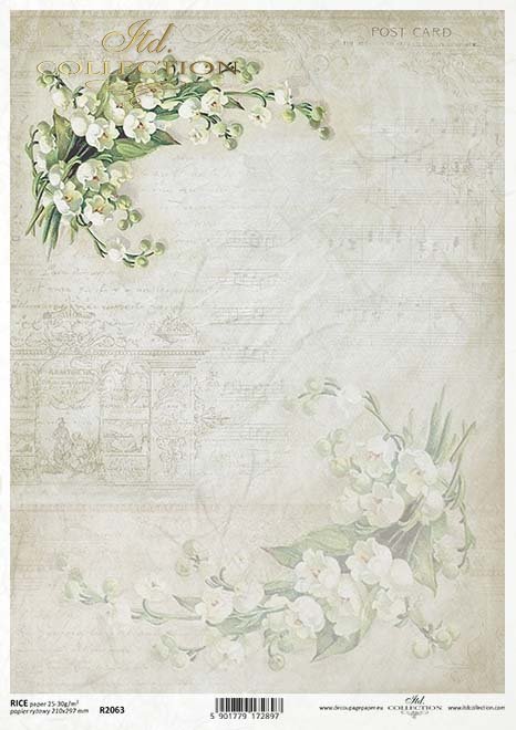 Seria Flower Post - White, Kwiatowa Poczta w bieli, konwalie, nuty, kolaż*Flower Post Series - White, Flower Post in White, lily of the valley, notes, collage