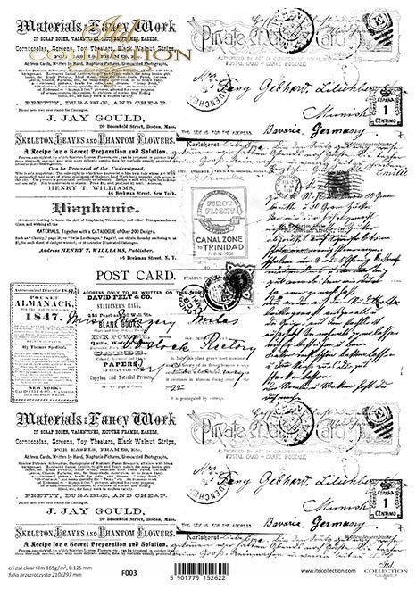 Folia przezroczysta do scrapbookingu, mixmedia...czarne elementy, retro, Vintage, stare pismo, gazeta, kartka pocztowa, pocztówka, stempel