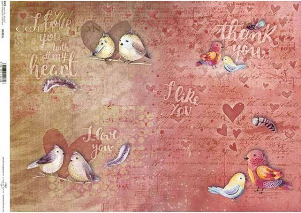 R0393L ptaszki, serduszka, różowe tło, nowoczesna wersja walentynki, 'I love You with all my heart'