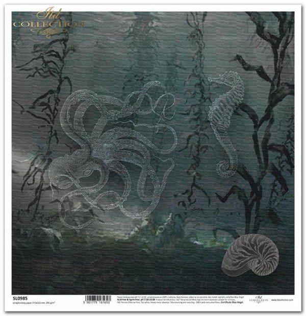 Seria - Morska ekspedycja -  morskie stworzenia, ośmiornica, konik morski, muszla, wodorosty, tapeta, tło