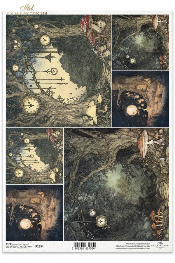 mroczny las, zegary, grzyby, baśniowy krajobraz, ciemny las*dark forest, clocks, mushrooms, fairytale landscape, dark forest*dunkler Wald, Uhren, Pilze, märchenhafte Landschaft, dunkler Wald*bosque oscuro, relojes, setas, paisaje de cuento, bosque oscuro