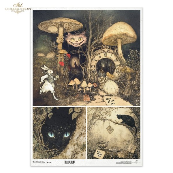 Biały Królik, mroczny las, baśniowe kompozycje, grzyby, kot, oczy kota, napisy*White Rabbit, dark forest, fairy tale compositions, mushrooms, cat, cat's eyes, lettering*Weißes Kaninchen, dunkler Wald, märchenhafte Kompositionen, Pilze, Katze, Katzenaugen