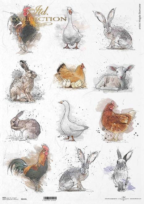 Pastelowe kolory, tagi, 12 małych obrazków, kogut, kura, królik, zając, kurczaki, Wielkanoc, wokół farmy