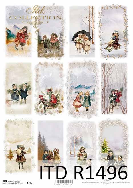 Boże Narodzenie, zimowe obrazki, dzieci, motywy na świeczki, butelki*Christmas, winter pictures, children, motifs for candles, bottles