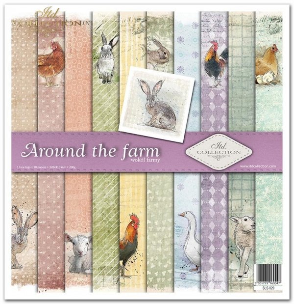 Around the farm: akwarele, zwierzęta, kura, kogut, zając, królik, gęś, owca, wzorki, tła, kropki, krzyżyki, kółeczka, paski, skosy, romby, kratka*Around the farm: watercolours, animals, chicken, rooster, hare, rabbit, goose, sheep, patterns, backgrounds, 