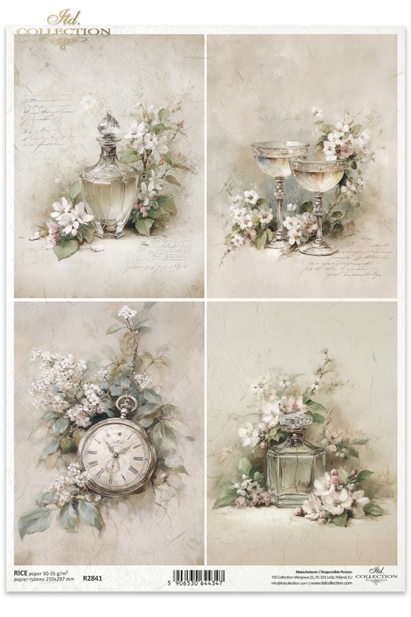 karafka, flakon, kieliszki, zegarek, białe kwiaty, vintage, pastelowe, romantyczne, sepia, martwa natura