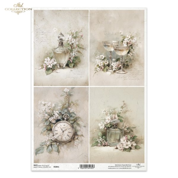 karafka, flakon, kieliszki, zegarek, białe kwiaty, vintage, pastelowe, romantyczne, sepia, martwa natura