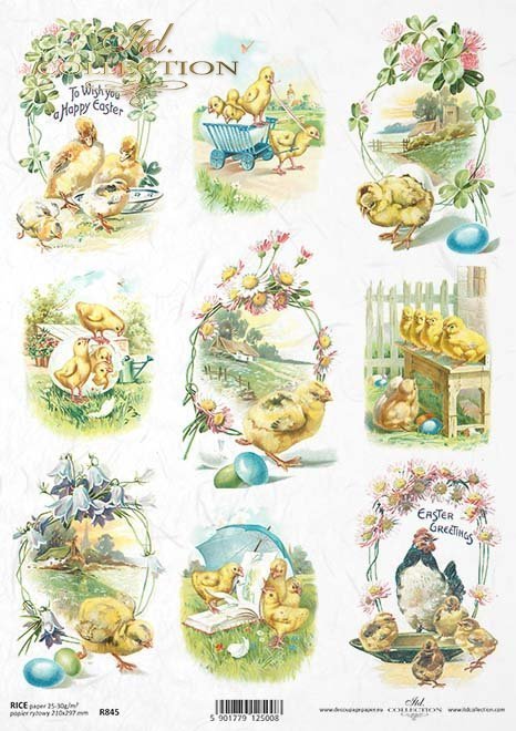 Wielkanoc, motywy wielkanocne, wiosna, retro, kurczak, pisklę, kaczka, kaczuszka, kosz, koszyk, wieś,  kwiat, kura, kury, jajko, jajka, pisanka, pisanki, R845, Easter, easter motifs, spring, retro, chicken, chick, chickadee, duck, duckling, basket, basket