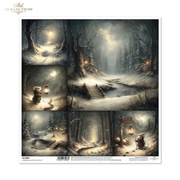 Zima, śnieg, mróz, las, mostek drewniany, ścieżka, ślady na śniegu, strumień, woda zamarznięta, księżyc, gwiazdy, noc, krajobraz zimowy, natura, sowa, mysz, latarnia, przytulnie, magia