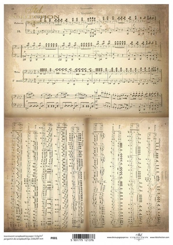 Translucent scrapbooking paper P0001 old music scores, whole note, half note, quarter note, old notes, music, retro and vintage style 