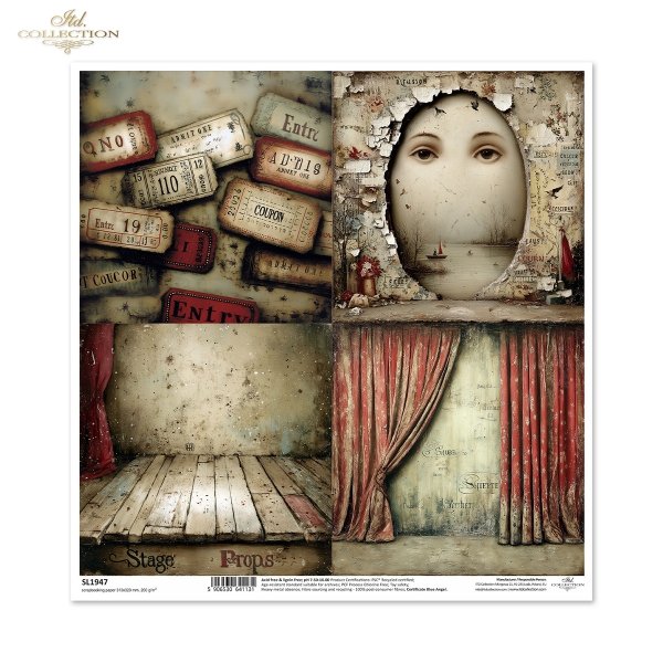 bilety wstępu, scena, kurtyna, deski teatru, maska, oczy, rekwizyty, vintage, teatr, widowisko, kolaż*admission tickets, stage, curtain, theater boards, mask, eyes, props, vintage, theater, show, collage.