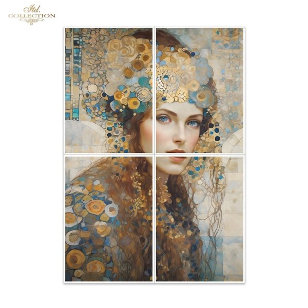 Papier decoupage morwowy FPA1011, Seria Inspired by Klimt, kobiety, zloto, dekoracyjne wzory, kamienie szlachetne, mozaiki, motywy secesyjne * Mulberry decoupage paper FPA1011, women, gold, decorative patterns, gemstones, mosaics, Art Nouveau motifs *Pape