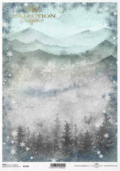 Papel decoupage con vista a la montaña, marco copo de nieve*Decoupagepapier mit Bergblick, Schneeflockenrahmen*Декупаж бумага с видом на горы, рамка снежинки