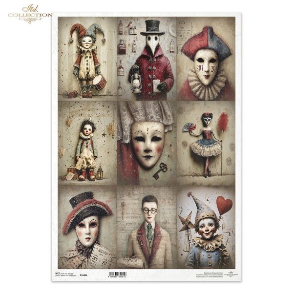 karnawał, maskarada, maski, arlekin, commedia dell’arte, cyrk, teatr, vintage, retro, melancholia, tajemnica, noc, papier postarzany, faktury, kolaż, postacie teatralne, Arlekin, Kolombina, Pulcinella (Pulcinela), Pantalone, Doktor, Kapitan, Brighella, Pi