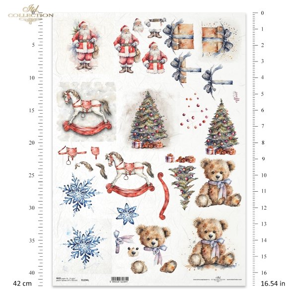 Święty Mikołaj, konik na biegunach, miś, śnieżynka, prezent, choinka, elementy do wycinania, 3d effect*Father Christmas, rocking horse, teddy bear, snowflake, gift, Christmas tree, cut-outs