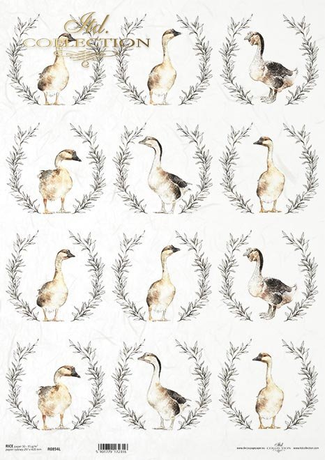 Rice paper A3 R0894L - geese with floral wreaths