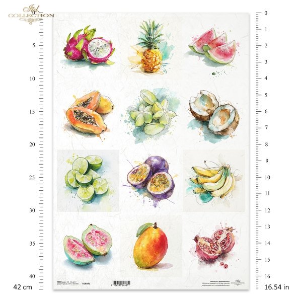 marakuja, arbuz, pitaja, papaja, granat, guawa, akwarela, limonka, ananas, kokos, karambola, banan, mango