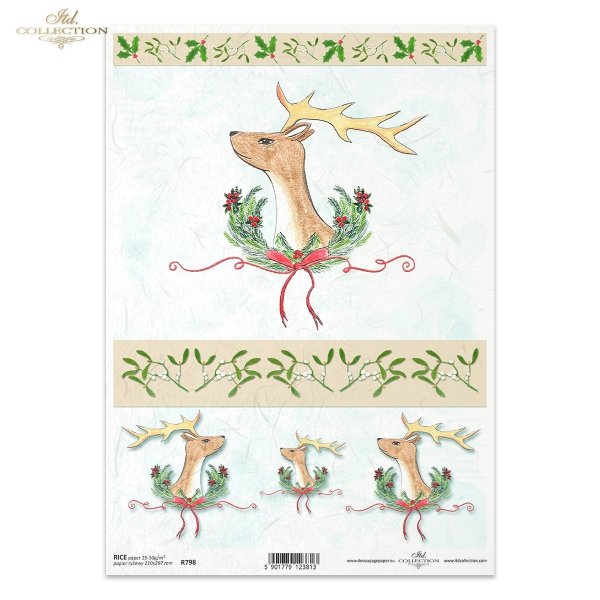 świąteczne stroiki, Boże Narodzenie, świąteczne dekoracje, ostrokrzew, głowa jelenia, poroże, rogi. Grafiki Magda Stanczew, R798, Christmas, Christmas decorations, holly, deer head, antlers, Weihnachten, Weihnachtsdekoration, Stechpalme, Hirschkopf, Gewei