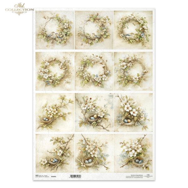 wianki, ptaki, gniazda, jajka, kwiaty jabłoni, styl vintage, pastelowe kolory, motywy wiosenne, akwarela