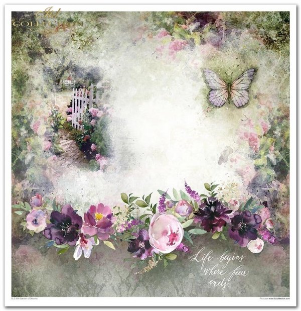 Garden of Dreams-Ogród marzeń, letnie kwiaty, kwiatki do wycinania, furtka do ogrodu, motyle, cytaty, dzbanek z bukietem, zegar, drzewko oliwne, kawiarenka