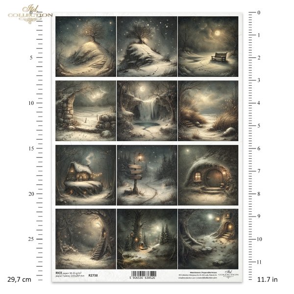 Mouse World - Winter Journey * Świat Myszek - Zimowa Wyprawa - domki, nory, drogowskaz Zima, śnieg, mróz, noc, krajobraz, pejzaż, ilustracje, fantasy, baśniowe, magiczne, księżyc, gwiazdy, drzewa, wzgórze, schody, nagi, ławka, kamienie, łuk, wodospad, tra