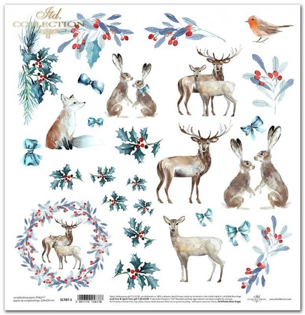 Seria Niebieskie Święta -  Boże Narodzenie, zwierzęta, sarenki, jelenie, zające, lis, ptaszki, zimowa roślinność, ostrokrzew, głóg, dzika róża, jarzębina * Series Christmas in blue - Christmas, animals, roe deer, deer, hare, rabbits, fox, birds, winter fl