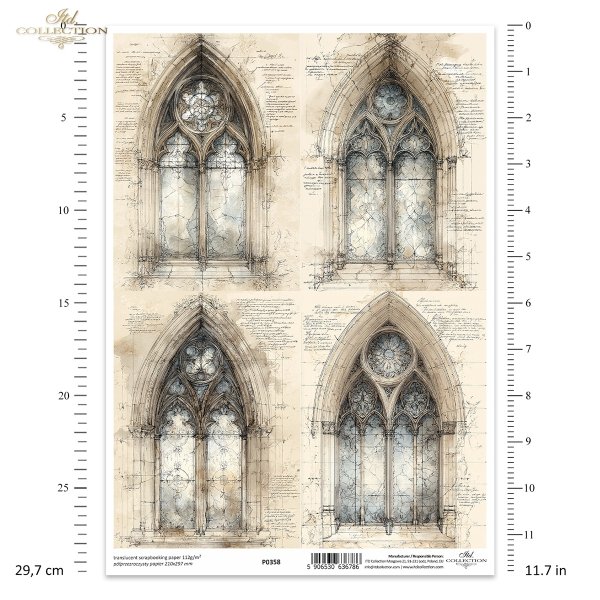 Gotyckie okna, witraże, szkice, rysunki architektoniczne, styl vintage. * Gothic windows, stained glass, sketches, architectural drawings, vintage style