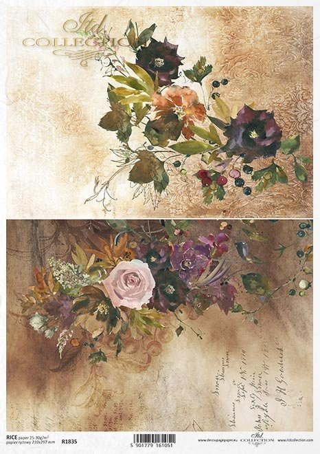 Papel Decoupage Arroz R1835- ramo de flores, flores, fondo, papel pintado,  escritura, adornos, sepia