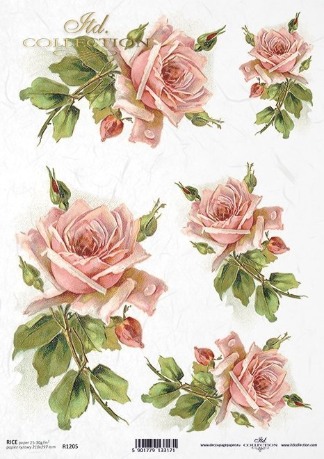 Papel Decoupage Arroz R1205 * Vintage, flores, rosas de color rosa