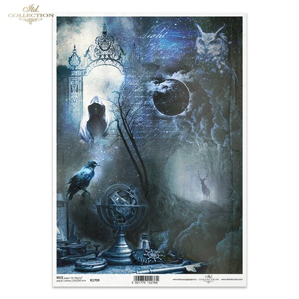 Nieodkryty magiczny świat'', alchemia, magia, tajemnica, tło, znaki na niebie, astronomia, astrologia, kosmos, zodiak, kosmogram, An Undiscovered Magical World, globus, Kruk, sowa, mgła, las, zaćmienie, mrok, księżyc