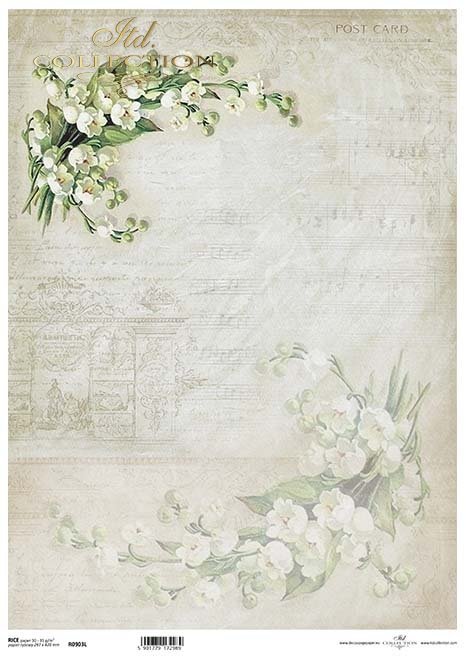Seria Flower Post - White, Kwiatowa Poczta w bieli, konwalie, nuty, kolaż*Flower Post Series - White, Flower Post in White, lily of the valley, notes, collage
