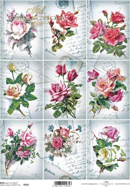  Papel de arroz para Decoupage A4 Floral Decoupage Paper Vintage  (postales francesas - 2 hojas) : Arte y Manualidades