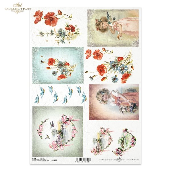 polne kwiaty, kwiatki, Maki, Chabry, dzieci, dziewczynki w sukienkach retro, kwitnące gałęzie, wesołe ptaszki, wiosna, field flowers, poppies, cornflowers, children, girls in retro dresses, flowering branches