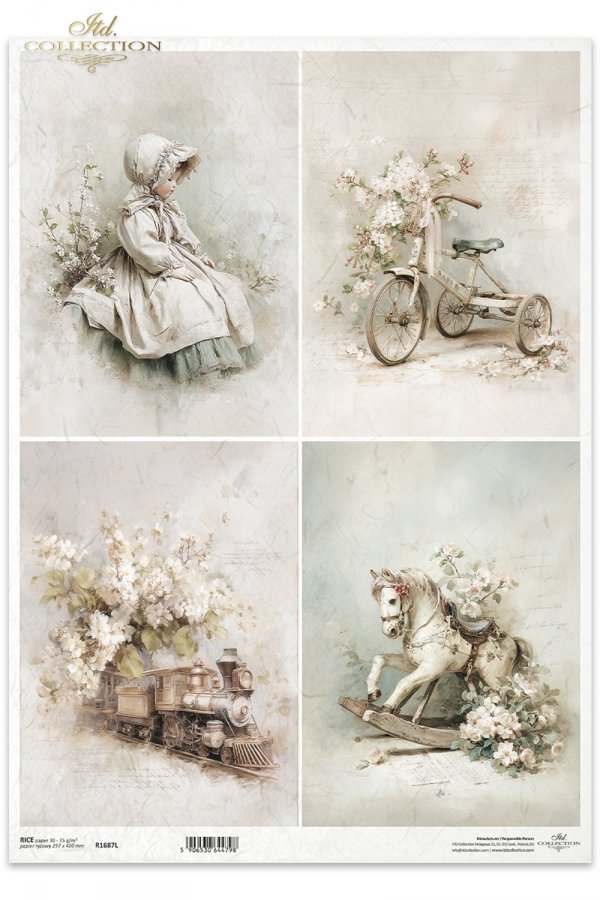 vintage, pastelowe, dziecięce, rowerek, lokomotywa, koń na biegunach, dziewczynka w czepku, kwiatowe, ilustracje, zabawki, sepia, akwarela