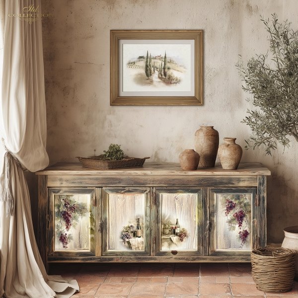 Papier decoupage morwowy FPA3023, Seria Toskania - Martwa natura, wino, winogrona, rustykalny styl, tryptyk