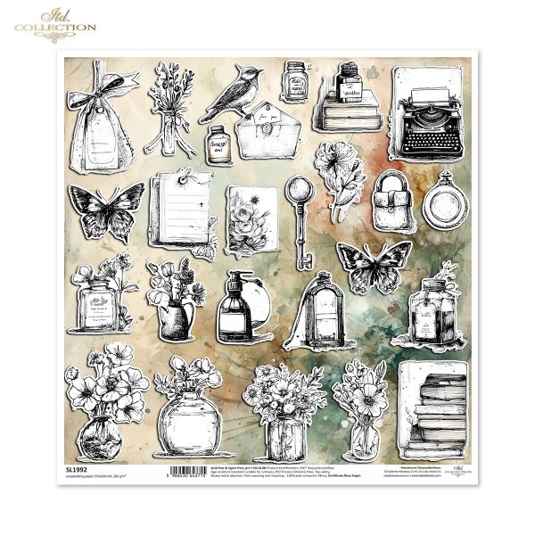 line art, vintage, czarno-biały, botanika, kwiaty, motyle, ptak, klucz, maszyna do pisania, książki, perfumy, wycinanki *line art, vintage, black and white, botany, flowers, butterflies, bird, key, typewriter, books, perfume, cutouts