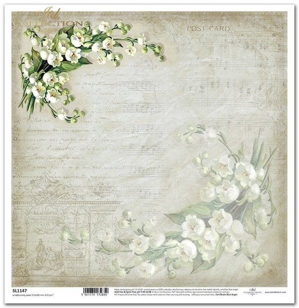 Seria Flower Post - White, Kwiatowa Poczta w bieli, konwalie, nuty, kolaż*Flower Post Series - White, Flower Post in White, lily of the valley, notes, collage