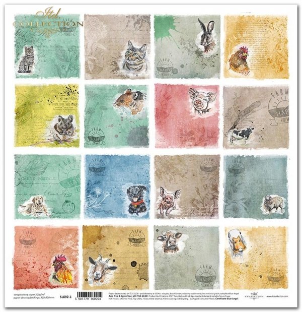 papel para scrapbooking * Papel SL892-1 * Serie - Happy Farm - animales,  acuarela, patrones, papel pintado, pascua, etiquetas, gatos, perros, liebres