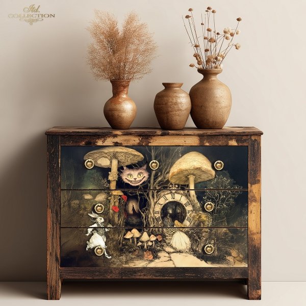 Papier morwowy decoupage FPA1065 seria Czary Alicji - mroczny las, grzyby, muchomory, świetliki, baśniowe kompozycje* Mulberry decoupage paper FPA1065 Alice's Magic series - dark forest, mushrooms, toadstools, fireflies, fairy-tale compositions* Papel de
