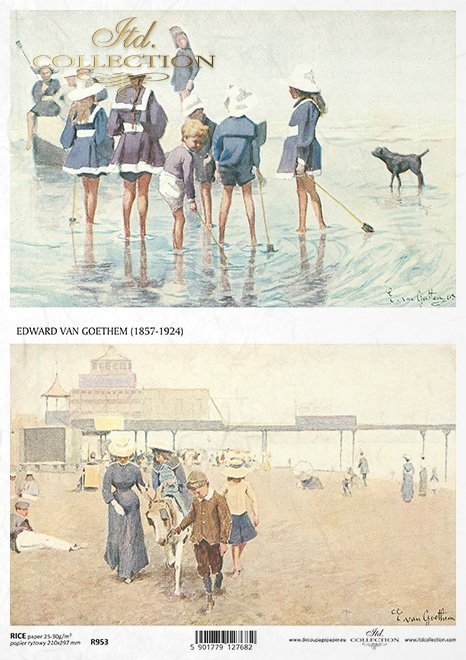 motywy marynistyczne, strój marynarski, lato, wakacje, dziecko, dzieci, kobieta, kobiety, strój marynarski, morze, plaża, zabawa na plaży, retro, Edward van Goethem, R953, maritime motifs, sailor's outfit, summer, holiday, child, woman, women, sailor's 
